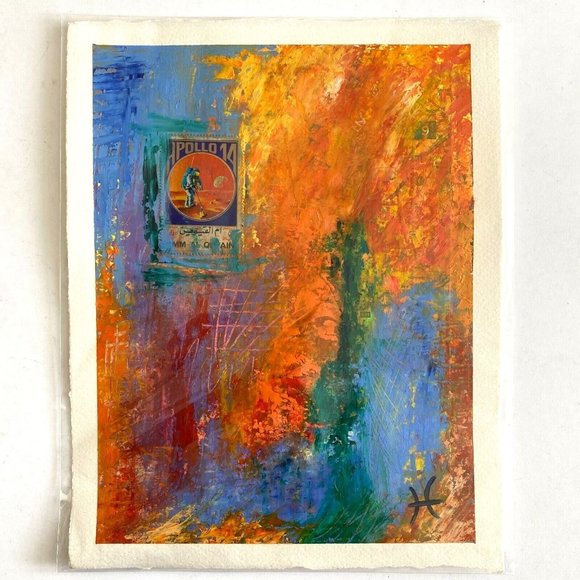 Moon Walk - Original Art Oil Painting Collage Cold Wax Colorful Texture 10.2x8in - Picture 2 of 9